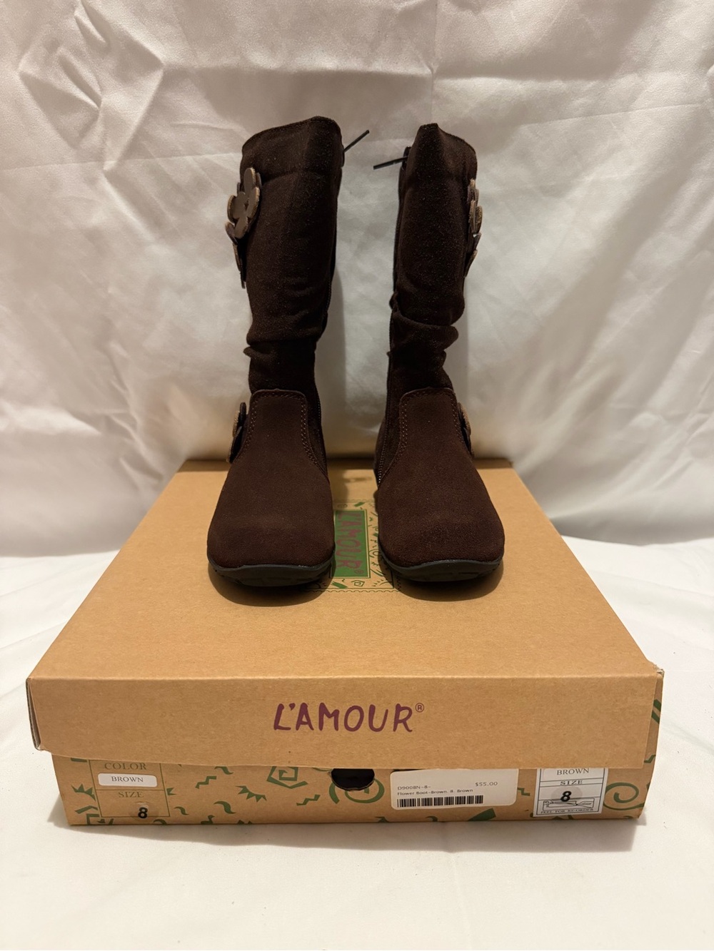 L'Amour Girls Flower Boots Size 8 Brown Suede Tall Boots D900BN Side Zip- NIB - Picture 7 of 7